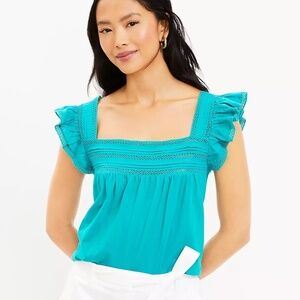 NWT LOFT Women's Lacy Ruffle Square Neck Top - Teal - Size Large